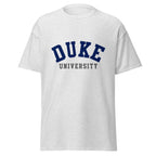 Unisex classic tee featuring Duke University name and branding in royal blue and white