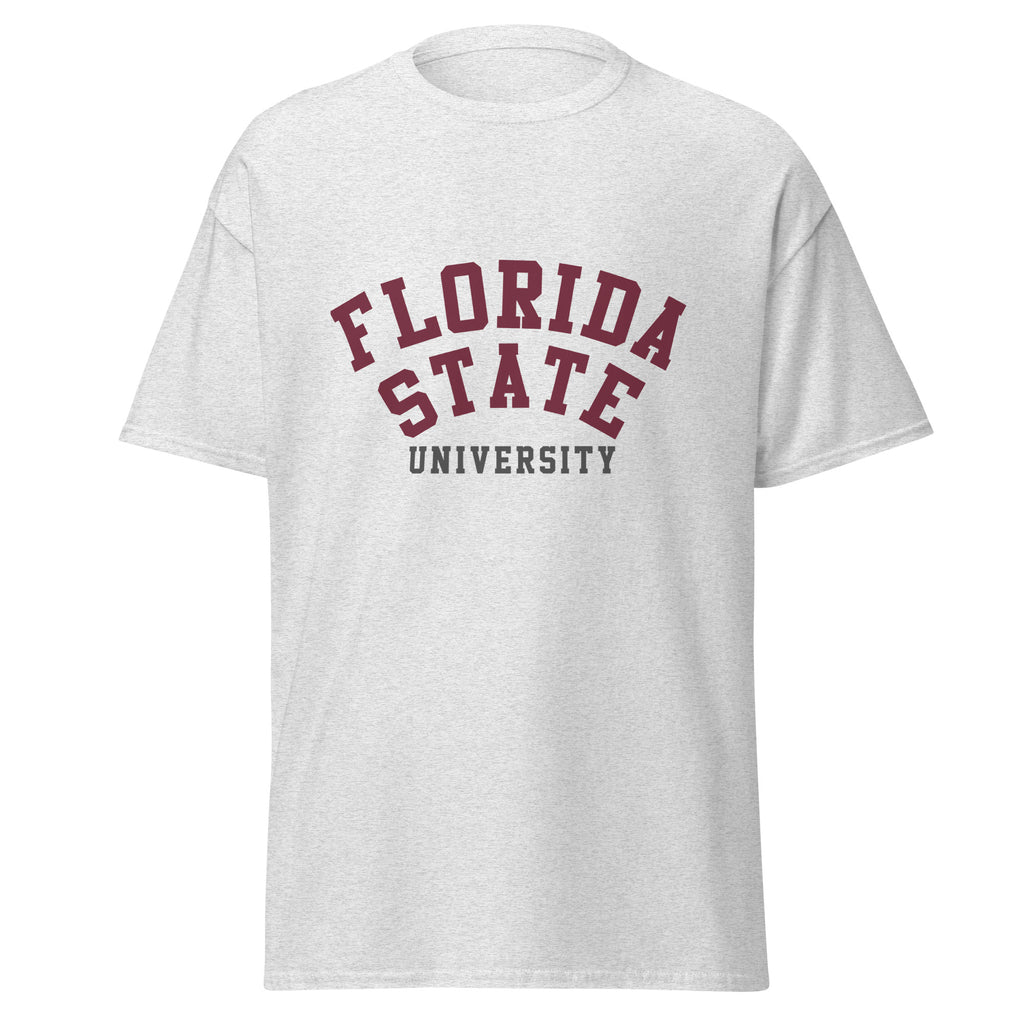 Unisex classic tee featuring Florida State University name and branding in garnet and gold