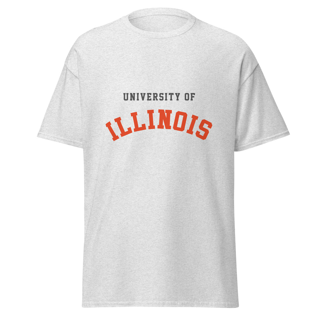 Unisex classic tee featuring University of Illinois name and branding in orange and navy blue