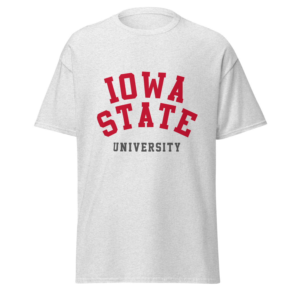 Unisex classic tee featuring Iowa State University name and branding in cardinal and gold