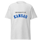 Unisex classic tee featuring University of Kansas name and branding in crimson and blue