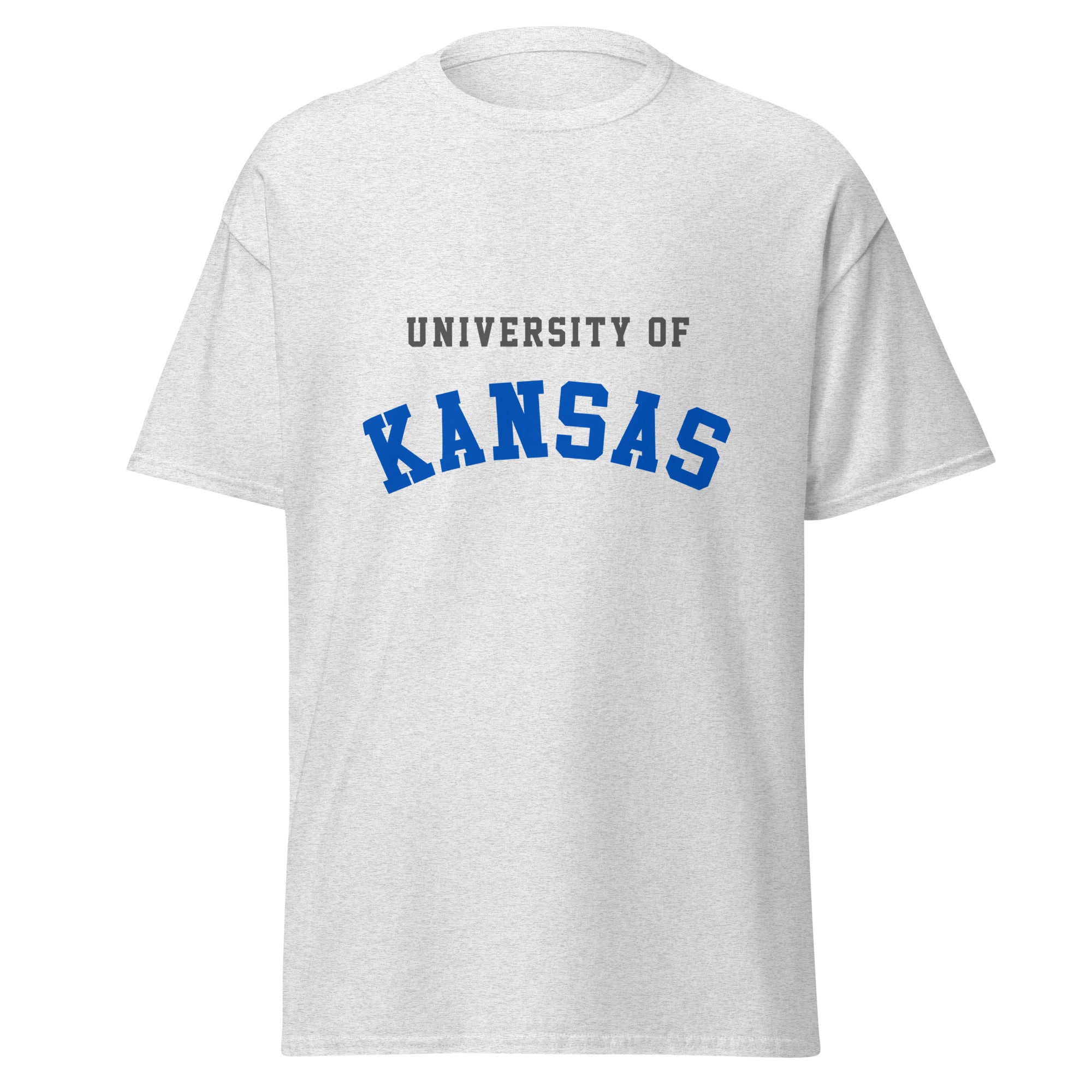 Unisex classic tee featuring University of Kansas name and branding in crimson and blue