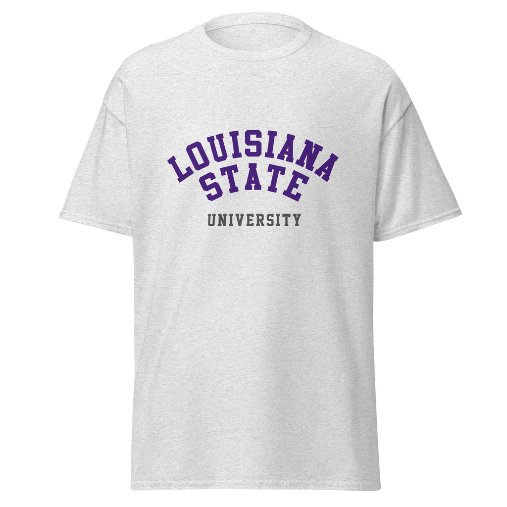 Unisex classic tee featuring Louisiana State University name and branding in purple and gold