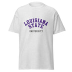 Unisex classic tee featuring Louisiana State University name and branding in purple and gold