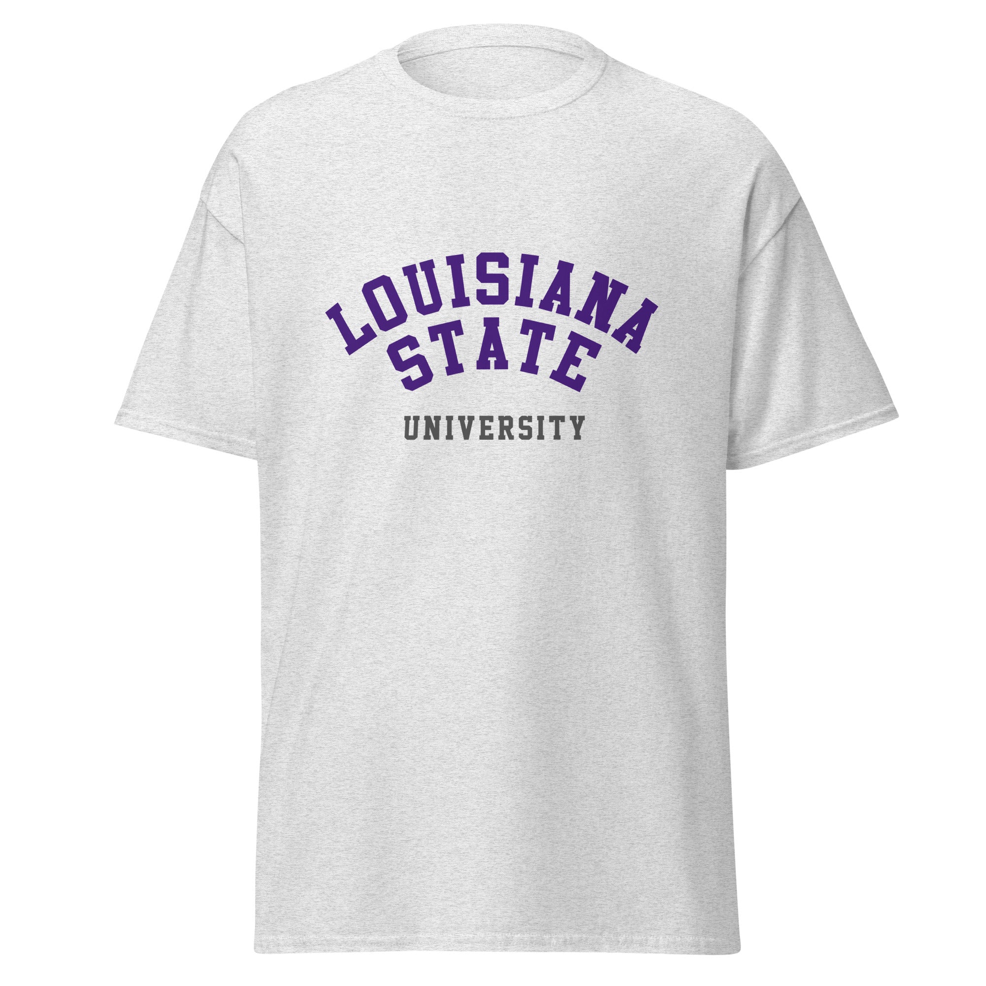 Unisex classic tee featuring Louisiana State University name and branding in purple and gold