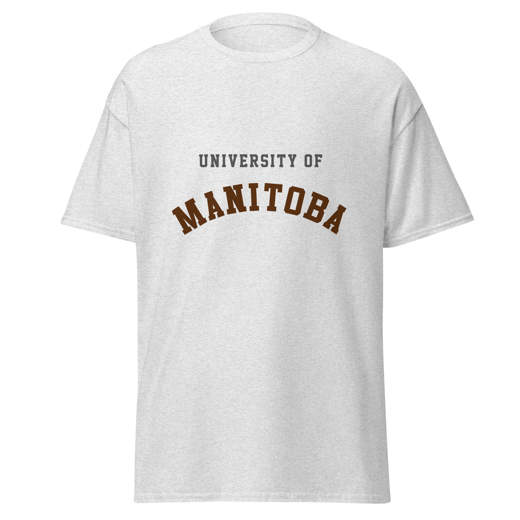 Unisex classic tee featuring University of Manitoba name and branding in bison brown and gold