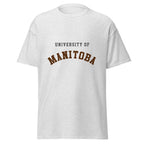 Unisex classic tee featuring University of Manitoba name and branding in bison brown and gold