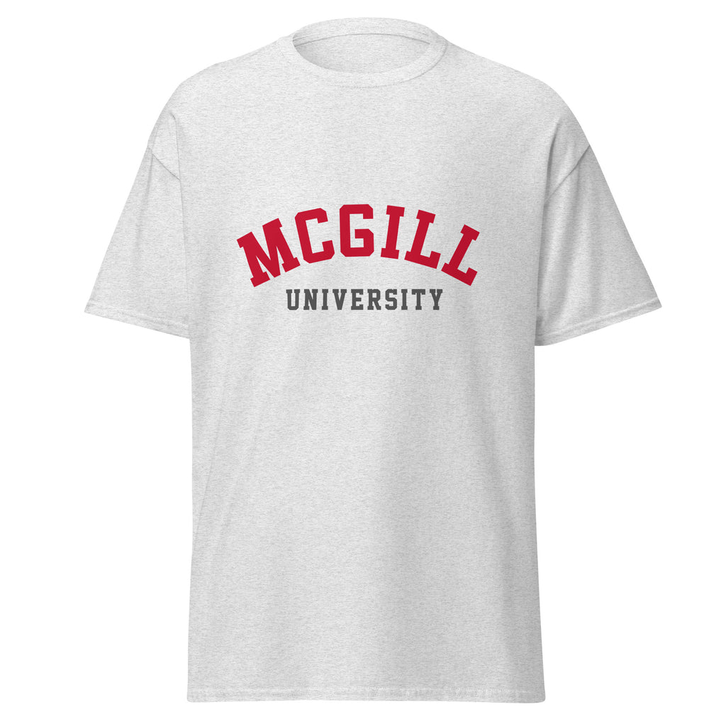 Unisex classic tee featuring McGill University name and branding in red and white