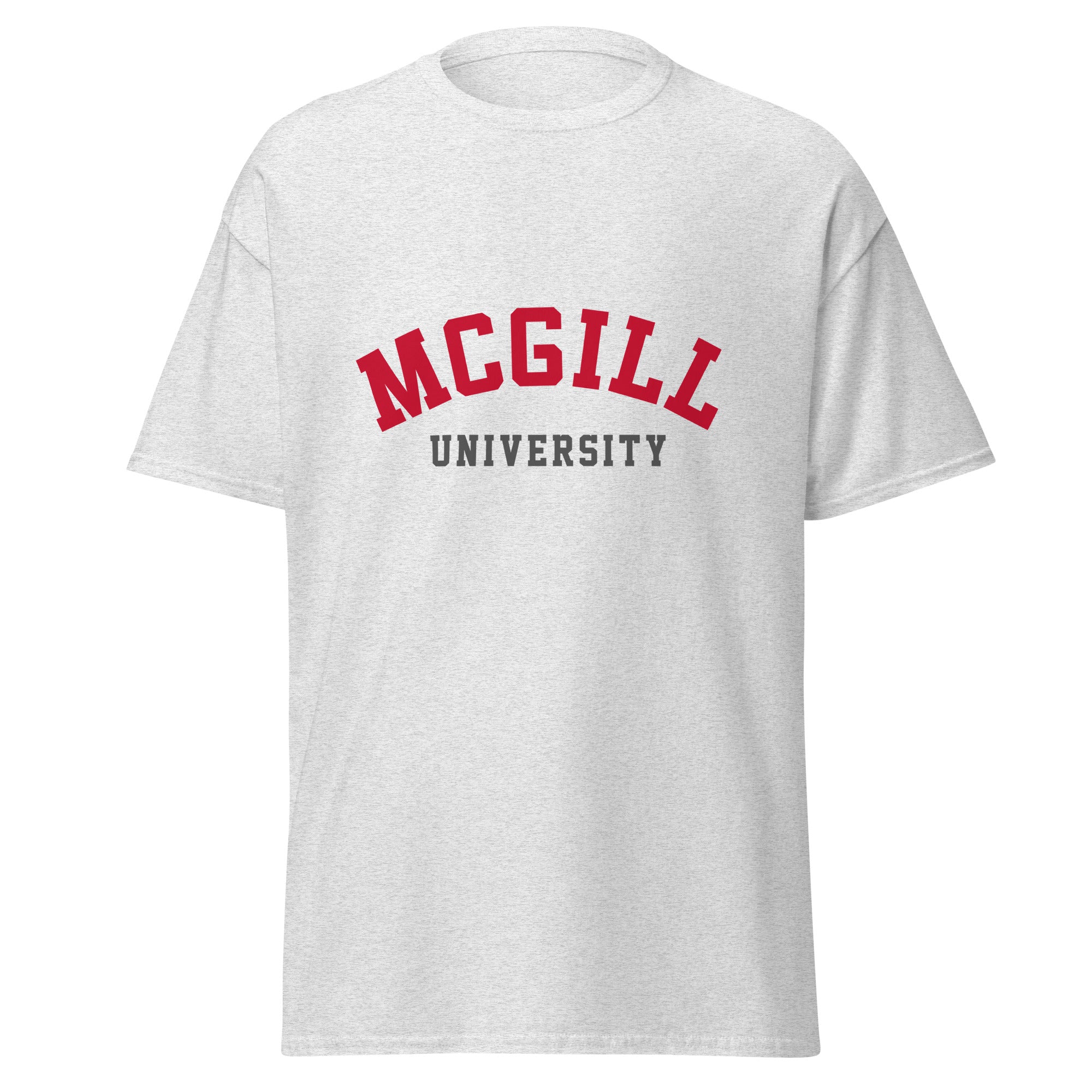Unisex classic tee featuring McGill University name and branding in red and white