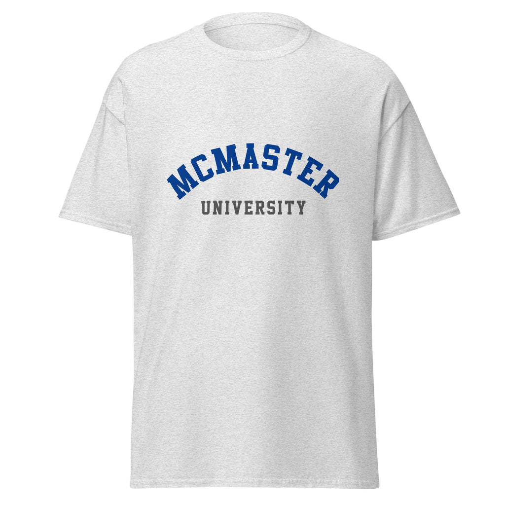 Unisex classic tee featuring McMaster University name and branding in maroon and gold