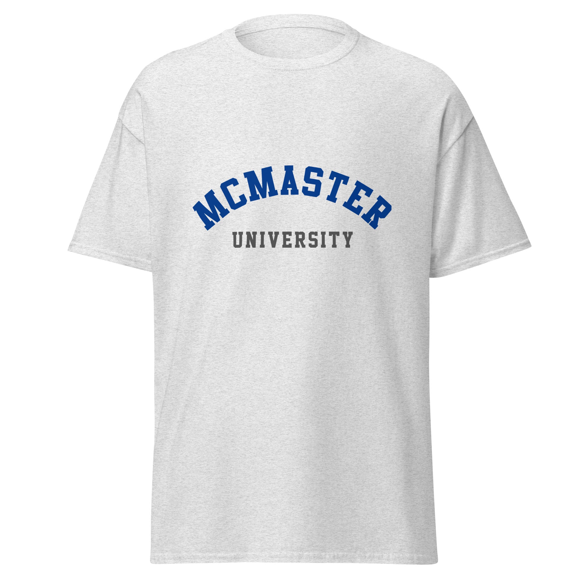 Unisex classic tee featuring McMaster University name and branding in maroon and gold