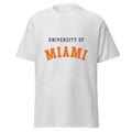 Unisex classic tee featuring University of Miami name and branding in orange, green, and white