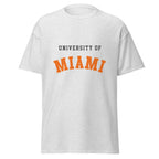 Unisex classic tee featuring University of Miami name and branding in orange, green, and white