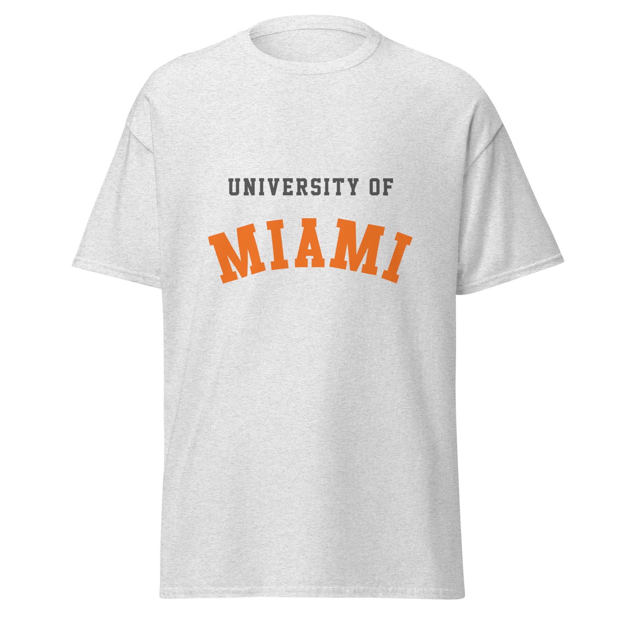 Unisex classic tee featuring University of Miami name and branding in orange, green, and white