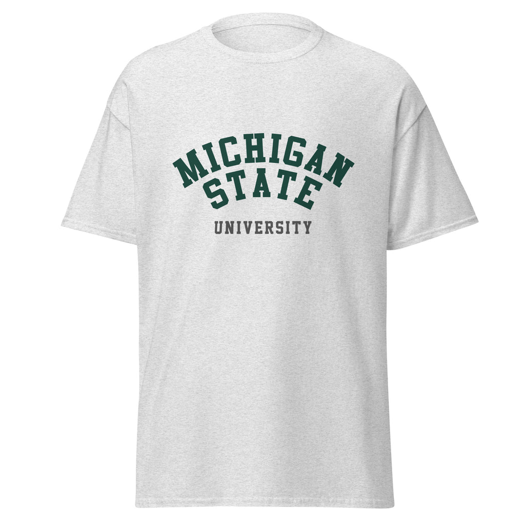 Unisex classic tee featuring Michigan State University name and branding in green and white