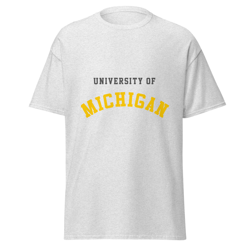 Unisex classic tee featuring University of Michigan name and branding in maize and blue