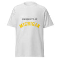 Unisex classic tee featuring University of Michigan name and branding in maize and blue