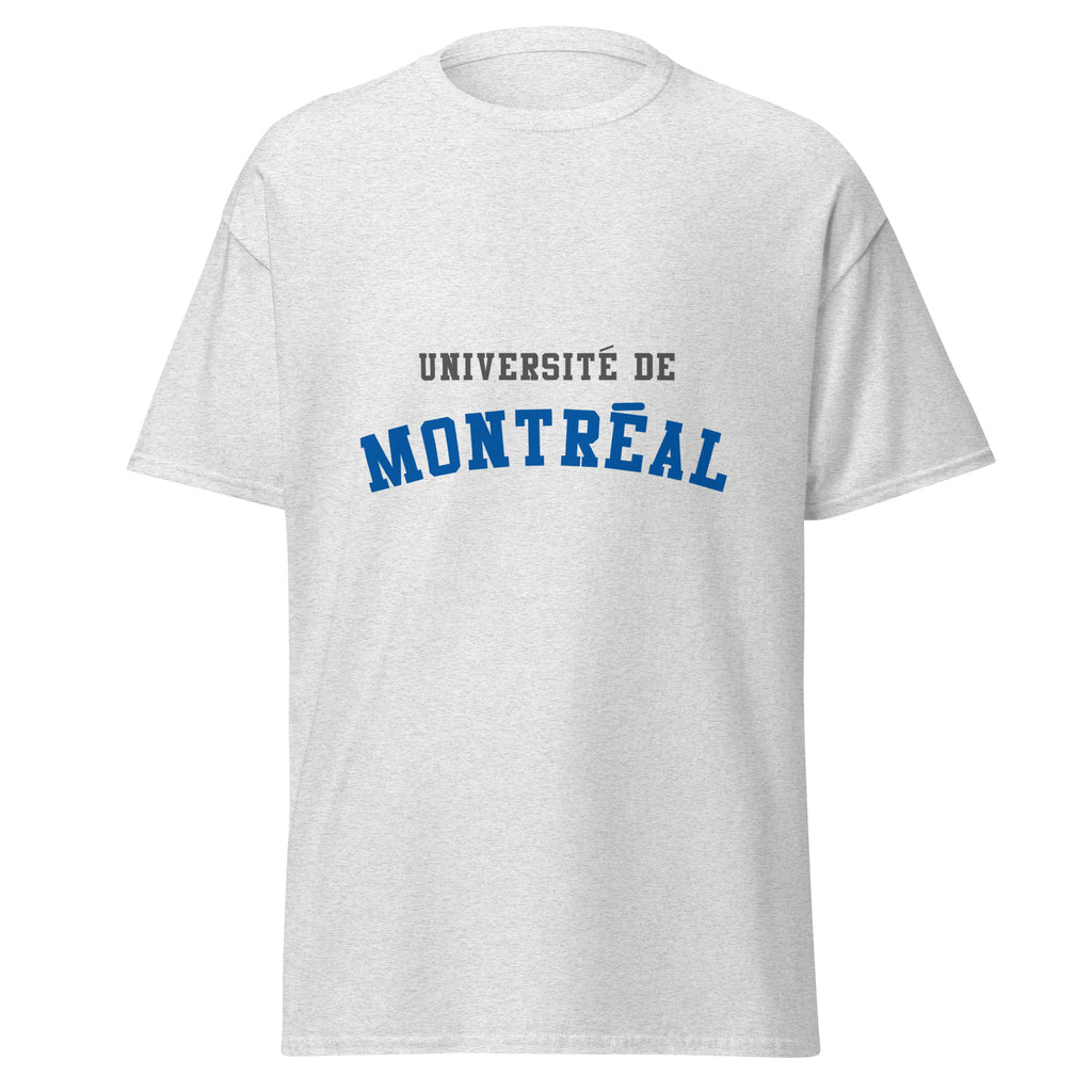 Unisex classic tee featuring Université de Montréal name and branding in blue and white