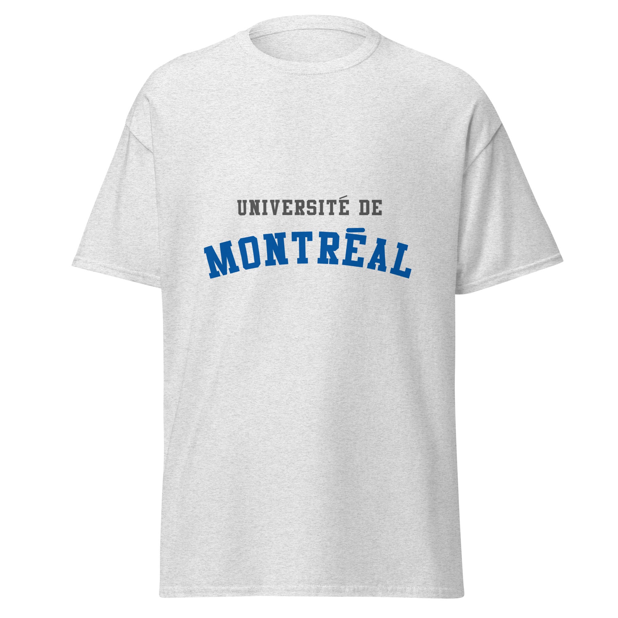 Unisex classic tee featuring Université de Montréal name and branding in blue and white