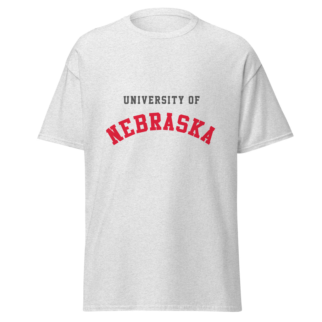 Unisex classic tee featuring University of Nebraska name and branding in scarlet and cream