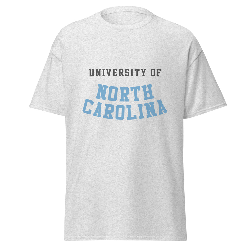 Unisex classic tee featuring University of North Carolina name and branding in Carolina blue and white