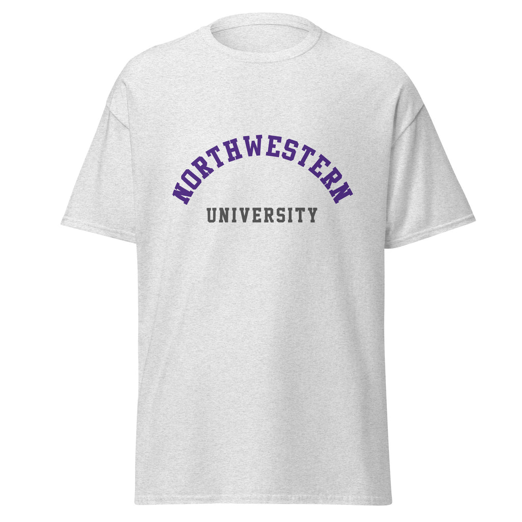 Unisex classic tee featuring Northwestern University name and branding in purple and white