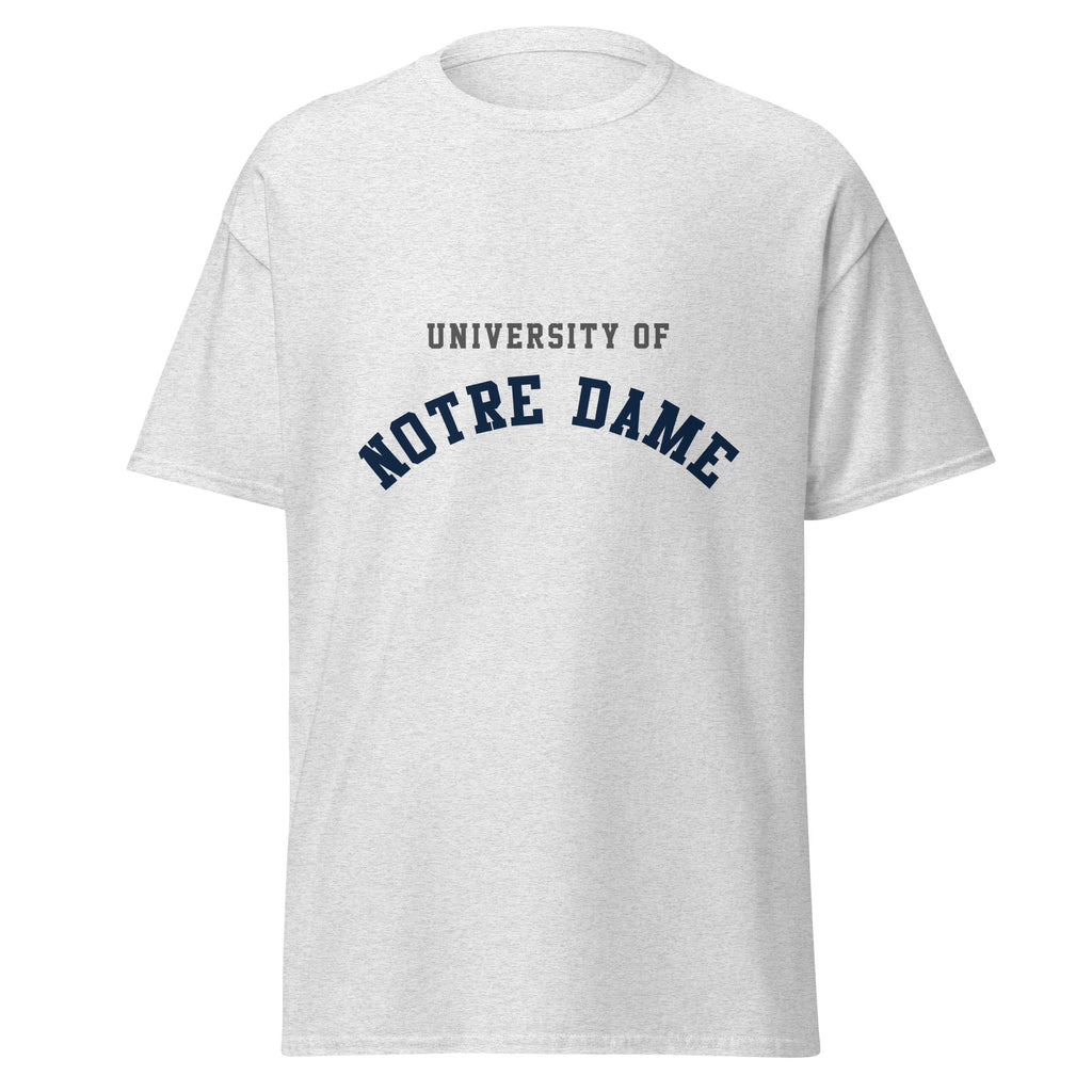 Unisex classic tee featuring University of Notre Dame name and branding in navy and gold