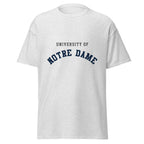 Unisex classic tee featuring University of Notre Dame name and branding in navy and gold