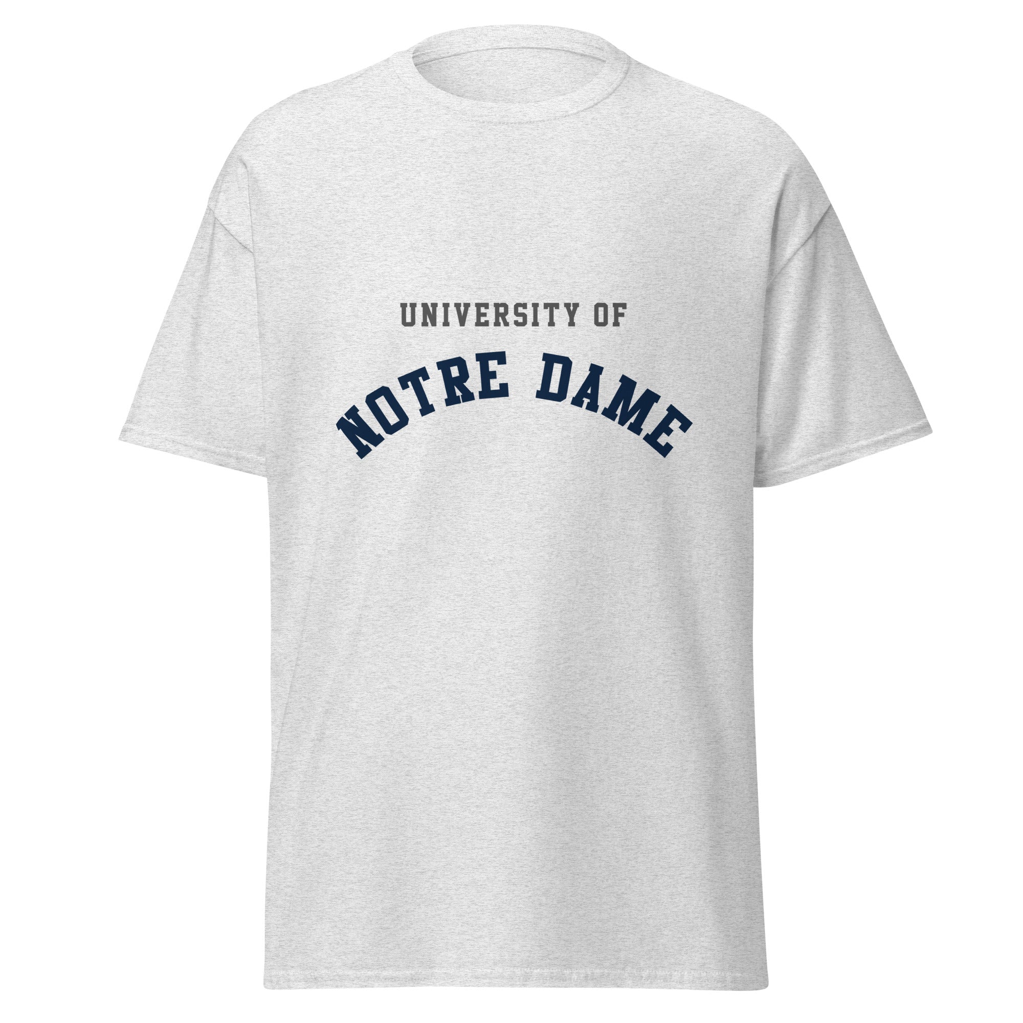 Unisex classic tee featuring University of Notre Dame name and branding in navy and gold