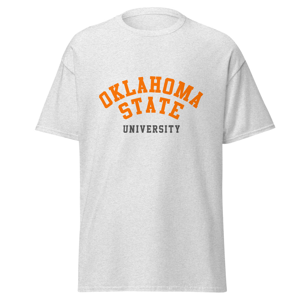 Unisex classic tee featuring Oklahoma State University name and branding in orange and black