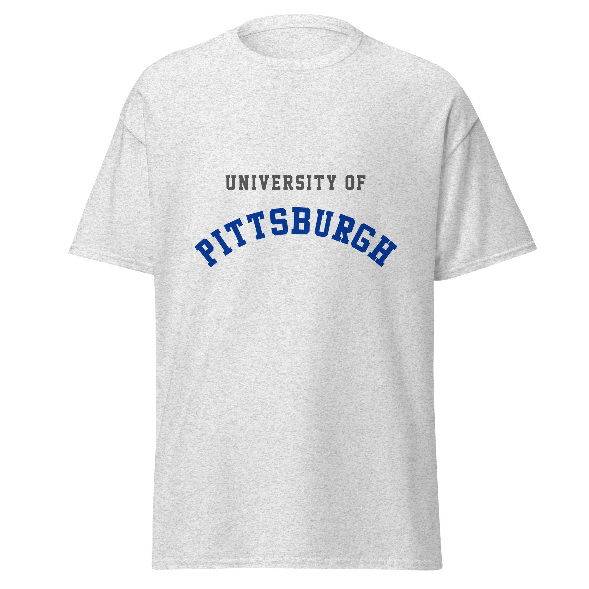 Unisex classic tee featuring University of Pittsburgh name and branding in royal blue and gold