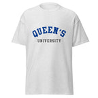 Unisex classic tee featuring Queen's University name and branding in blue and red