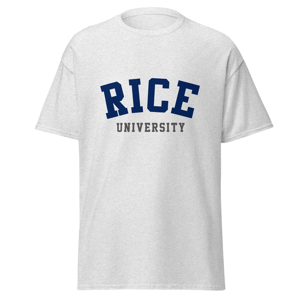 Unisex classic tee featuring Rice University name and branding in navy and grey