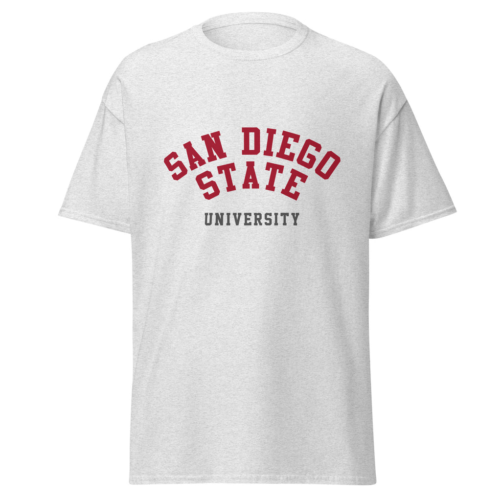 Unisex classic tee featuring San Diego State University name and branding in scarlet and black