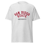 Unisex classic tee featuring San Diego State University name and branding in scarlet and black