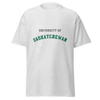Unisex classic tee featuring University of Saskatchewan name and branding in green and gold