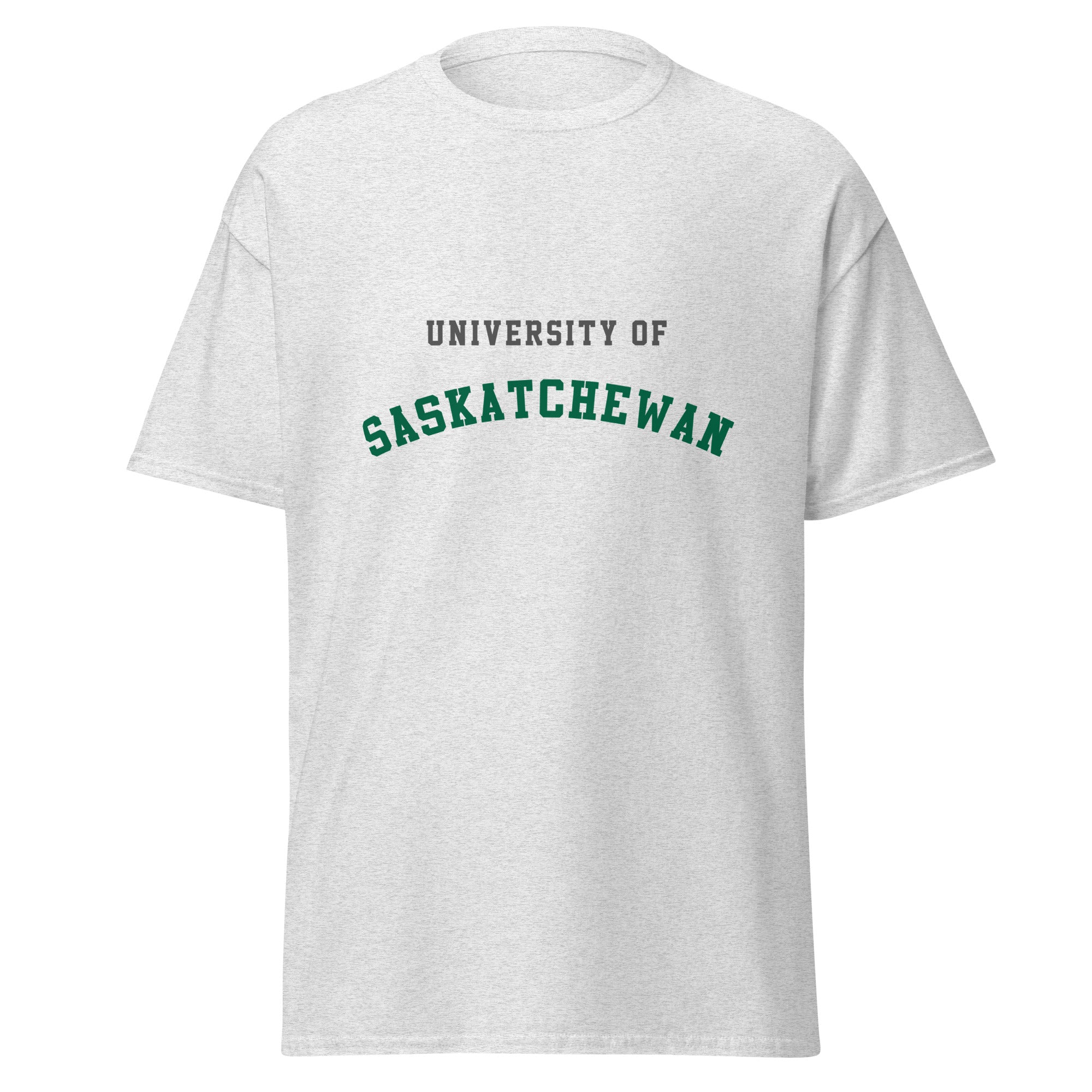 Unisex classic tee featuring University of Saskatchewan name and branding in green and gold