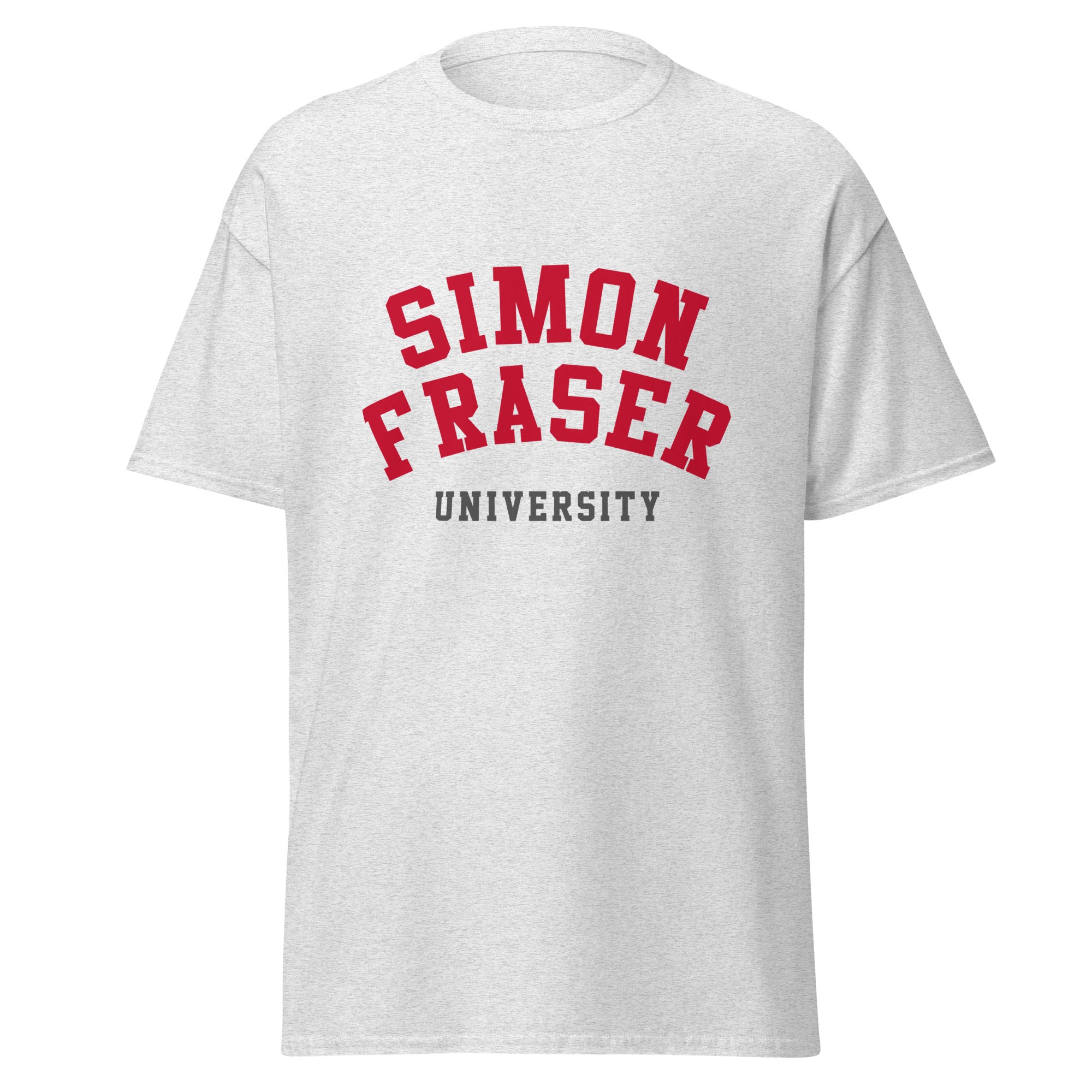 Unisex classic tee featuring Simon Fraser University name and branding in red and white