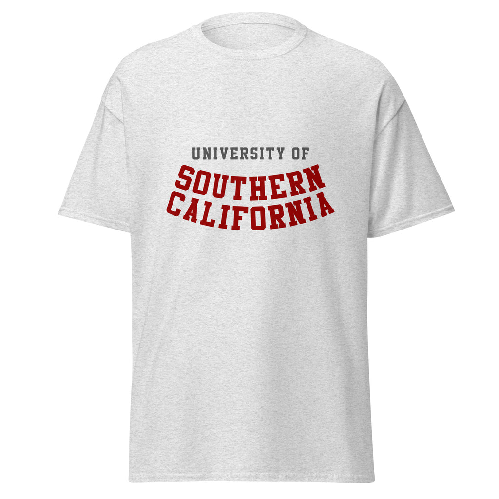 Unisex classic tee featuring University of Southern California name and branding in cardinal and gold