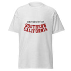 Unisex classic tee featuring University of Southern California name and branding in cardinal and gold