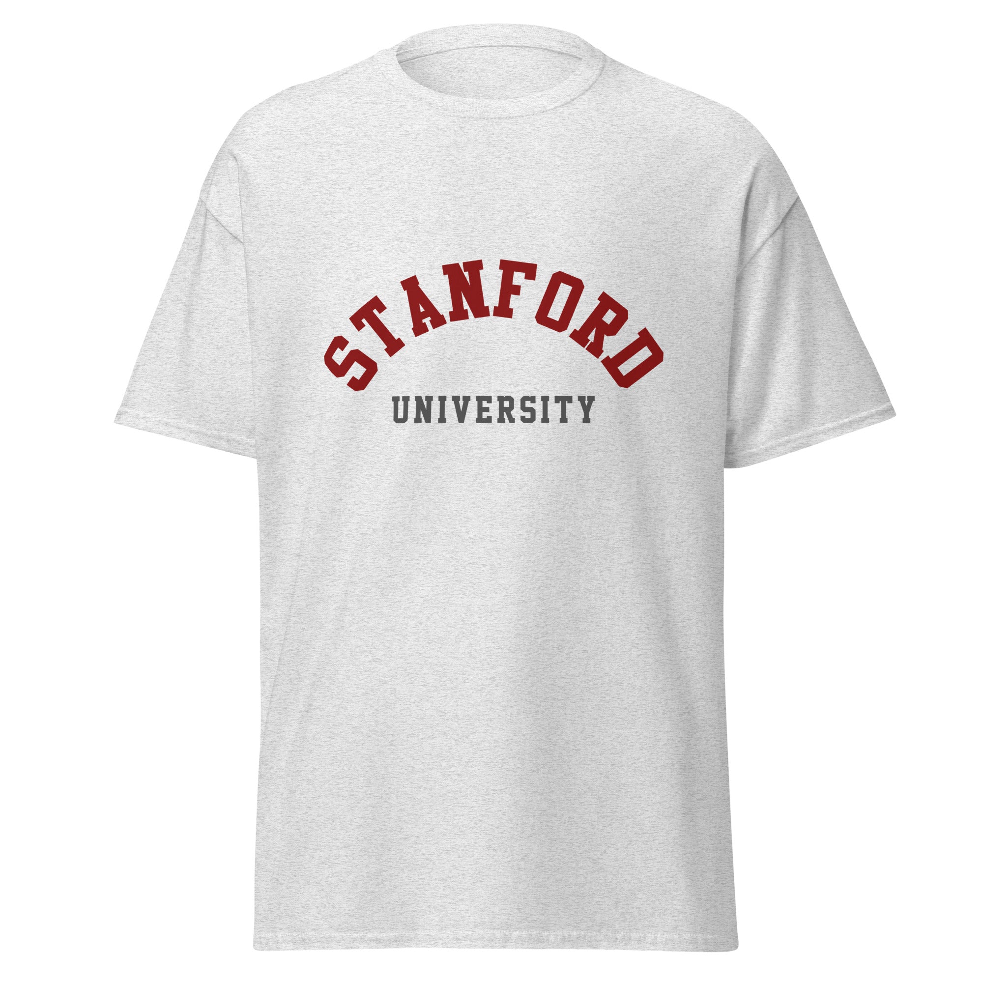 Unisex classic tee featuring Stanford University name and branding in cardinal red and white