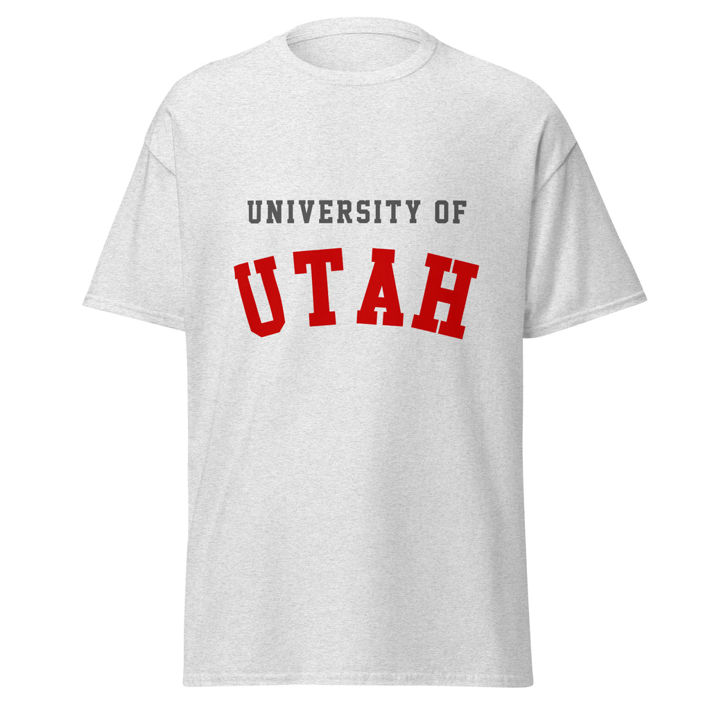 Unisex classic tee featuring University of Utah name and branding in crimson and white