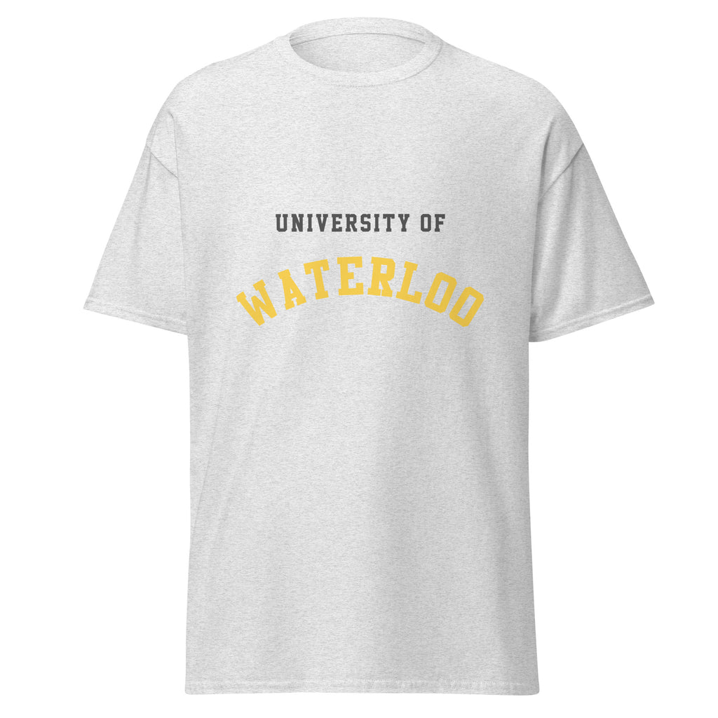 Unisex classic tee featuring University of Waterloo name and branding in black and gold