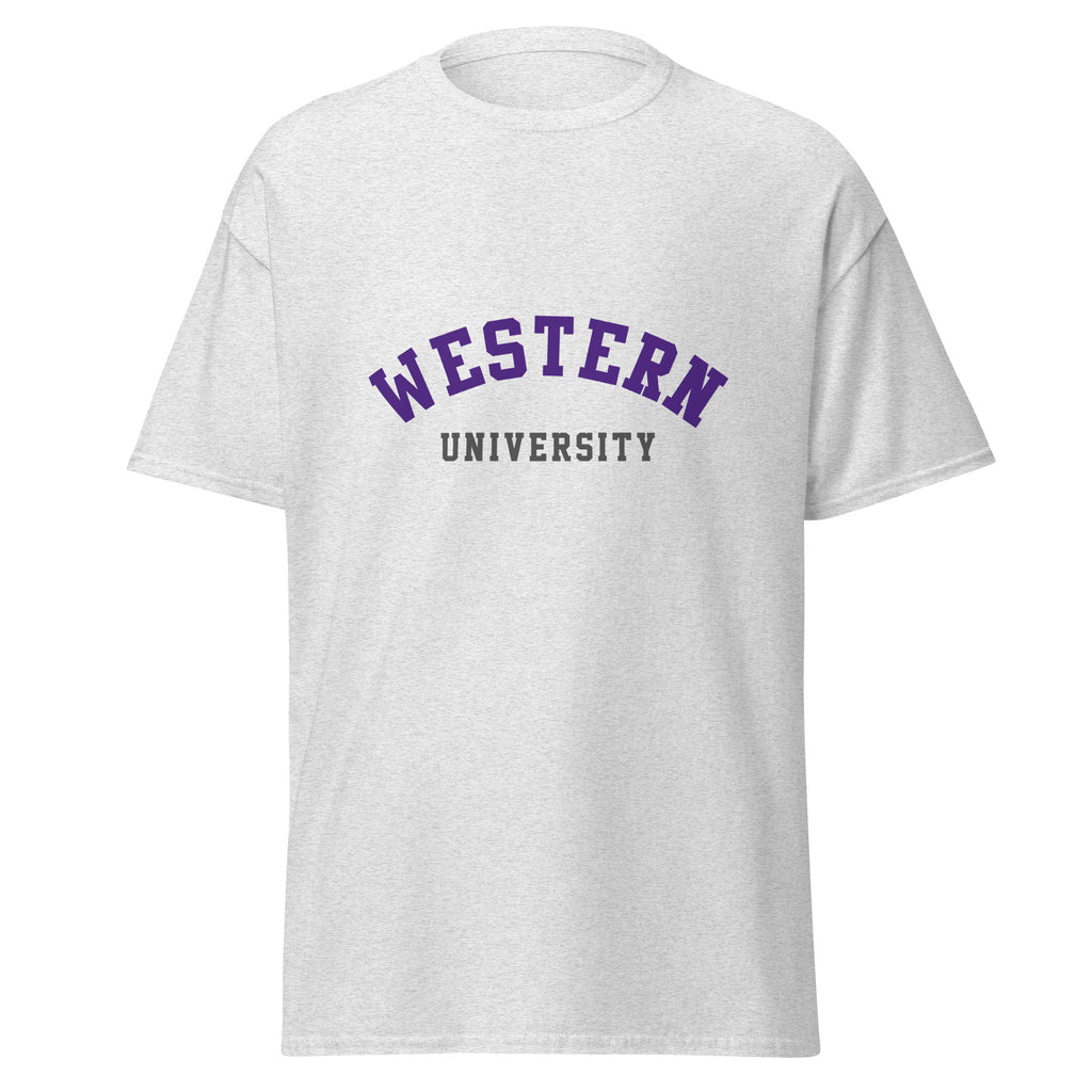 Unisex classic tee featuring Western University name and branding in purple and white