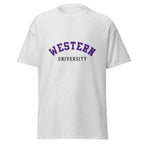 Unisex classic tee featuring Western University name and branding in purple and white