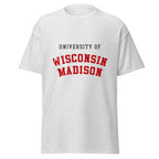 Unisex white t-shirt featuring University of Wisconsin-Madison logo printed across the front chest
