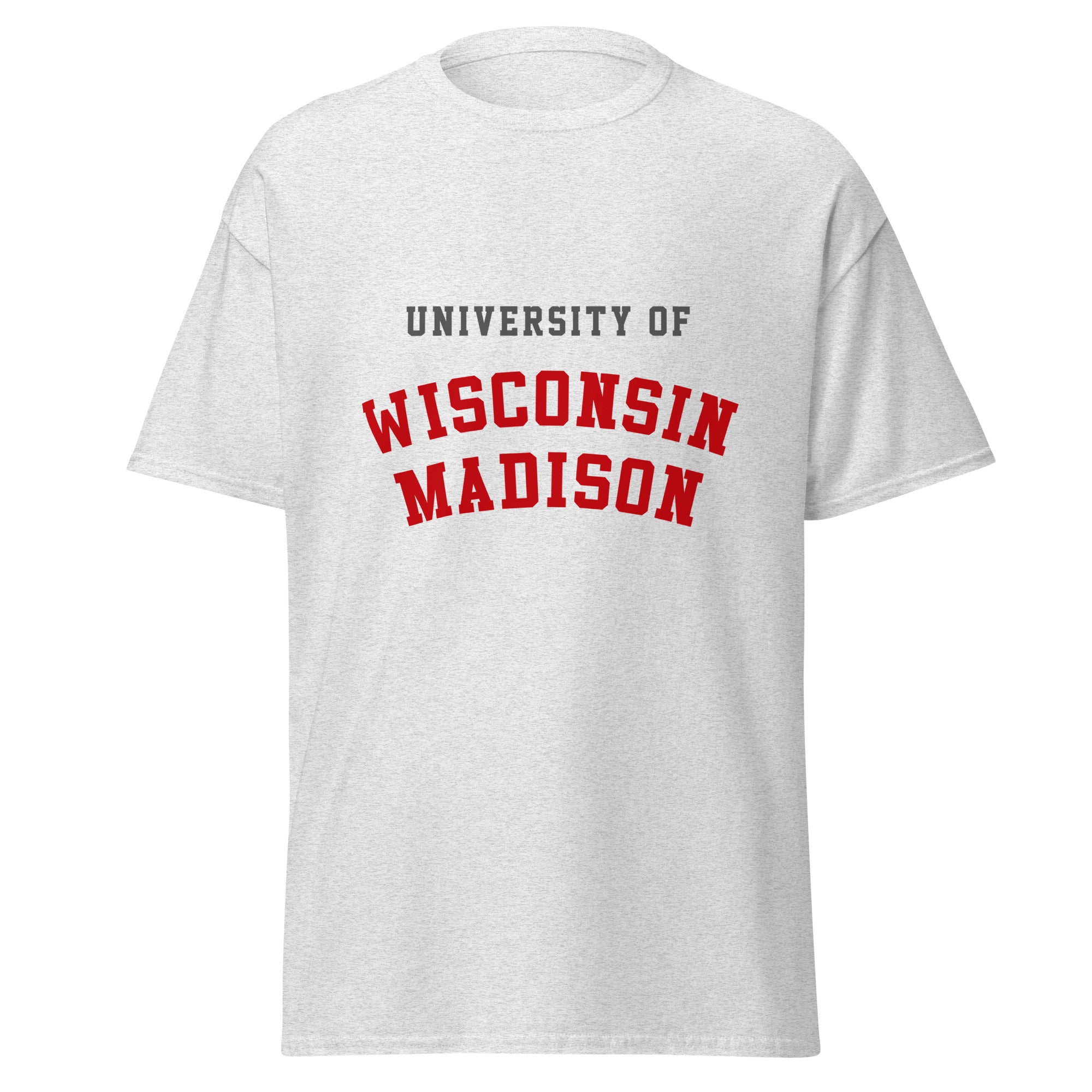 Unisex white t-shirt featuring University of Wisconsin-Madison logo printed across the front chest