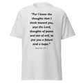 Unisex black t-shirt with Jeremiah 29:11 Bible verse printed in black text on front