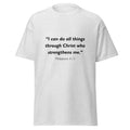 Unisex navy blue t-shirt with Philippians 4:13 Bible verse printed in black text on front