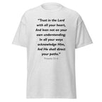 Unisex navy blue t-shirt with Proverbs 3:5-6 Bible verse printed in black text on front